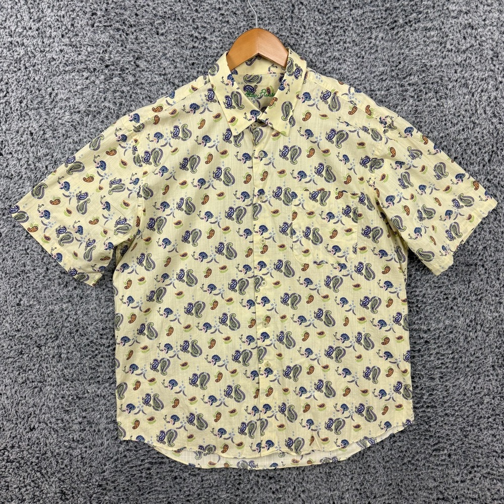 Alan Flusser Shirt Mens XL Yellow Paisley Button Up Short Sleeve CottonCasual